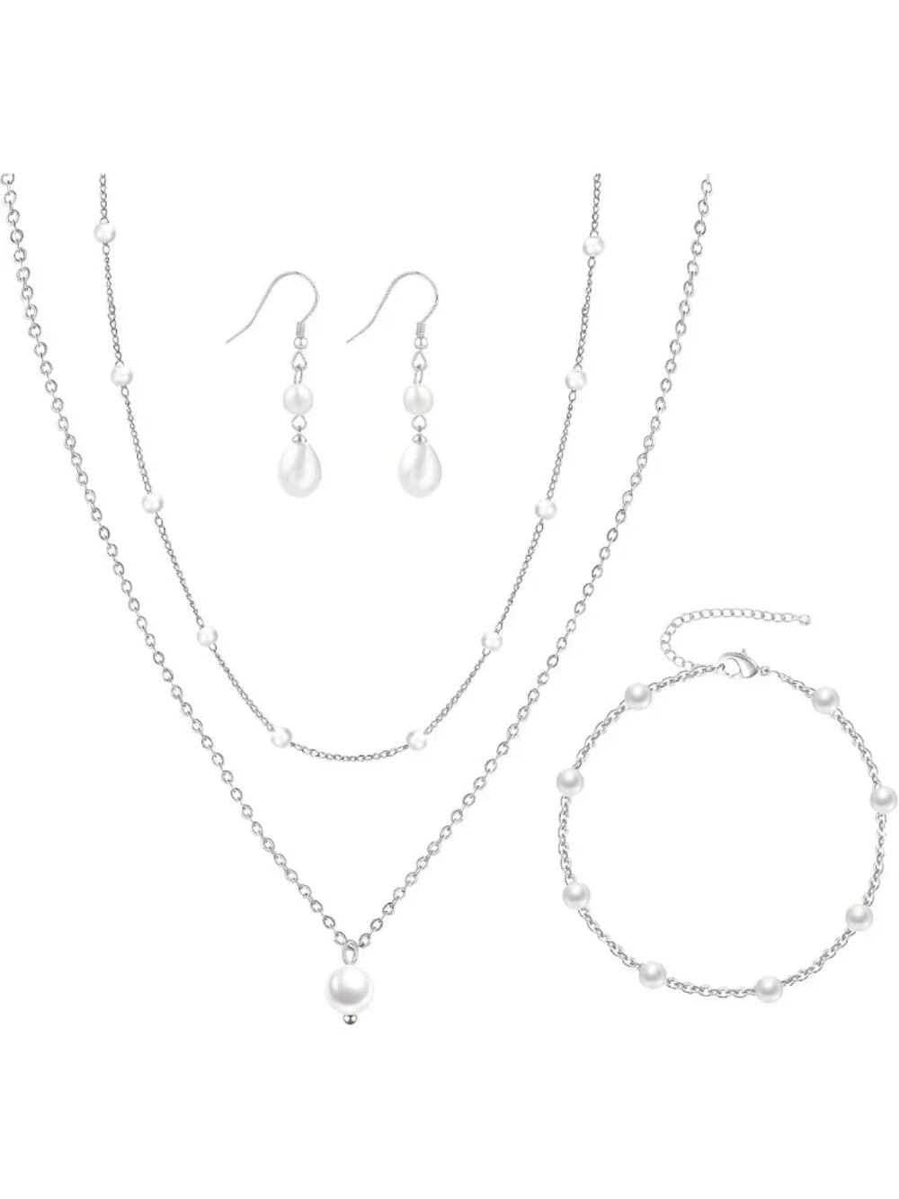 Dainty 14K Gold/Silver Pearl Jewelry Set - Layered Choker, Earrings & Bracelets